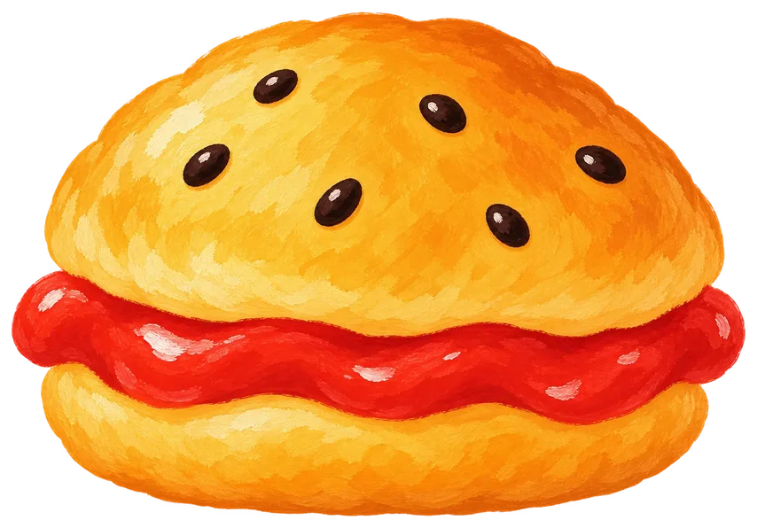 A painted gouache-style burger with dripping ketchup